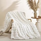 Smoofy Faux Fur Throw Blanket for Couch – Cream White Fluffy Cozy Rabbit Fleece, Plush Soft Bubble Blanket for Sofa & Bed, for Mom, Warm Fuzzy Home Room Decor Throw 50" x 60"