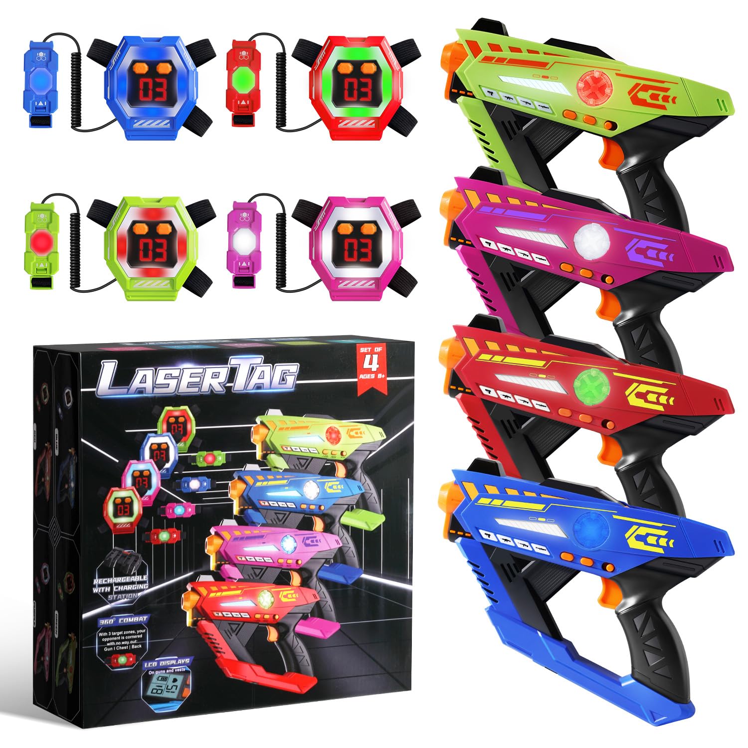 Photo 1 of **FACTORY SEALED** Laser Tag Guns Set of 4 - Rechargeable Infrared Technology Laser Tag for Kids, 360° Sensors+LCDs+Adjustable Life Value, Fun Family Game Toy Guns Teen Gifts for Ages 8+