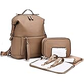ARDIKAMA Diaper Bag Backpack Leather Backpack for Women Travel Dad Mother Outdoor Backpack with Changing Pad Stroller Straps(2 pieces) Khaki