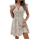 winkbay Women's Boho Floral Ruffle Sleeve Dress Summer V Neck Ruched Short Flowy Sundress Beach Vacation Clothes