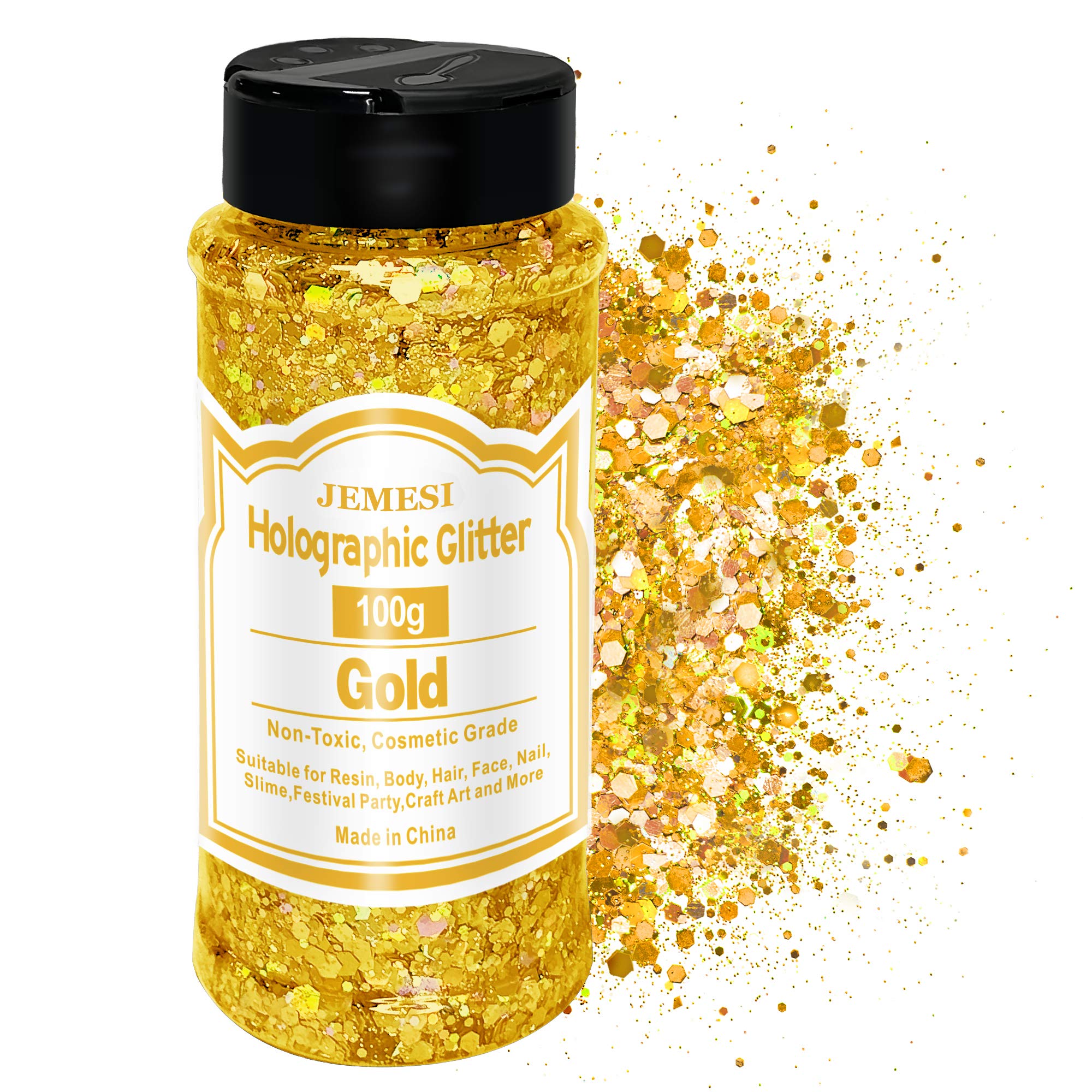 Holographic Chunky Glitter, JEMESI 100g Resin Glitter Craft Glitter, Cosmetic Nail Glitter, Glitter for Resin Arts Crafts, Body, Face, Nail, Glitter Slime Making - Gold