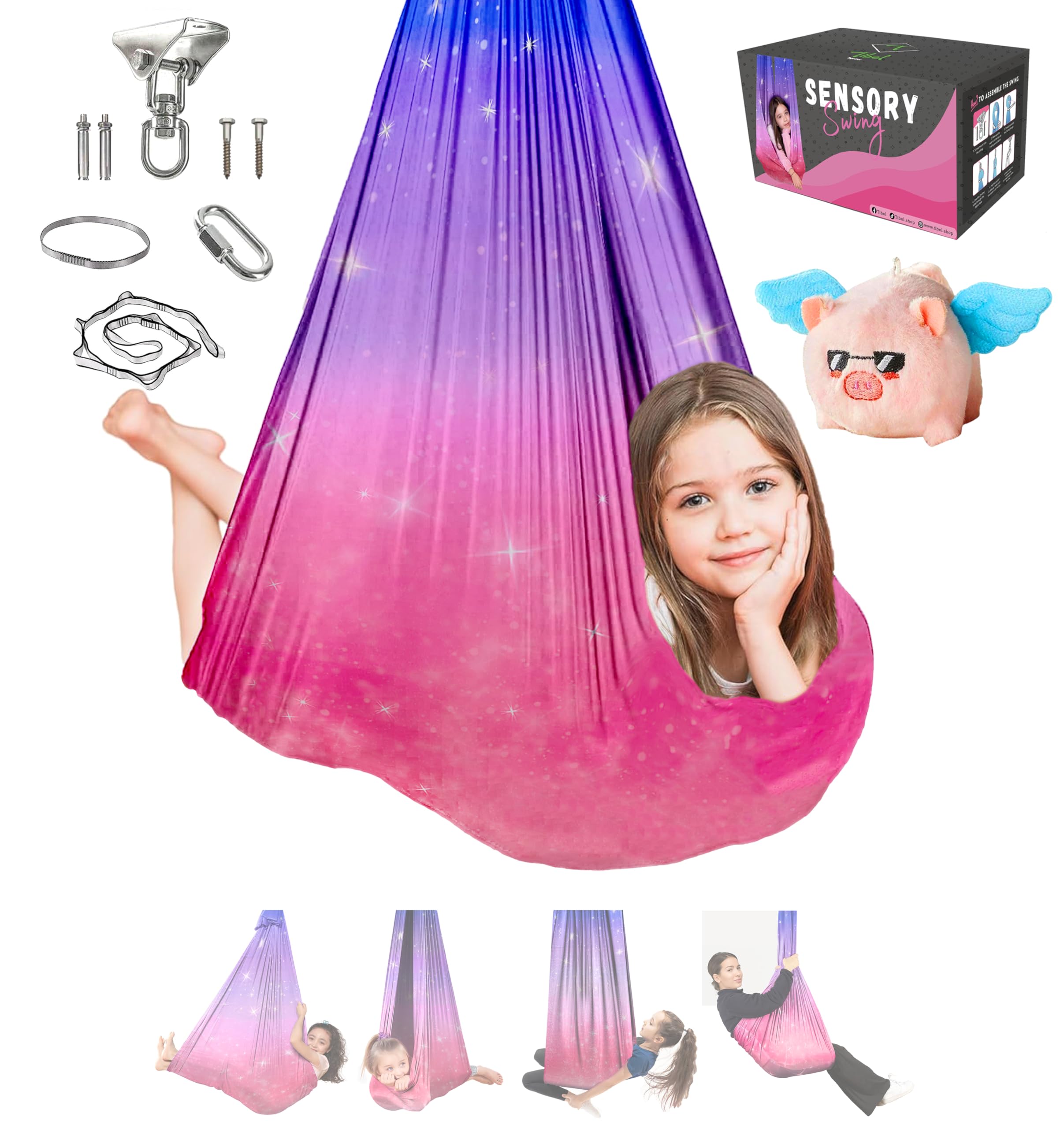 Photo 1 of TIBEL Sensory Swing with Cute Sensory Toy & 6 Accessories, Holds 300lbs 360° Swivel, Double Layer Nylon Fabric Gives Calming Therapy Pelvic Joint Stability for Kids & Adults with Asperger Autism ADHD