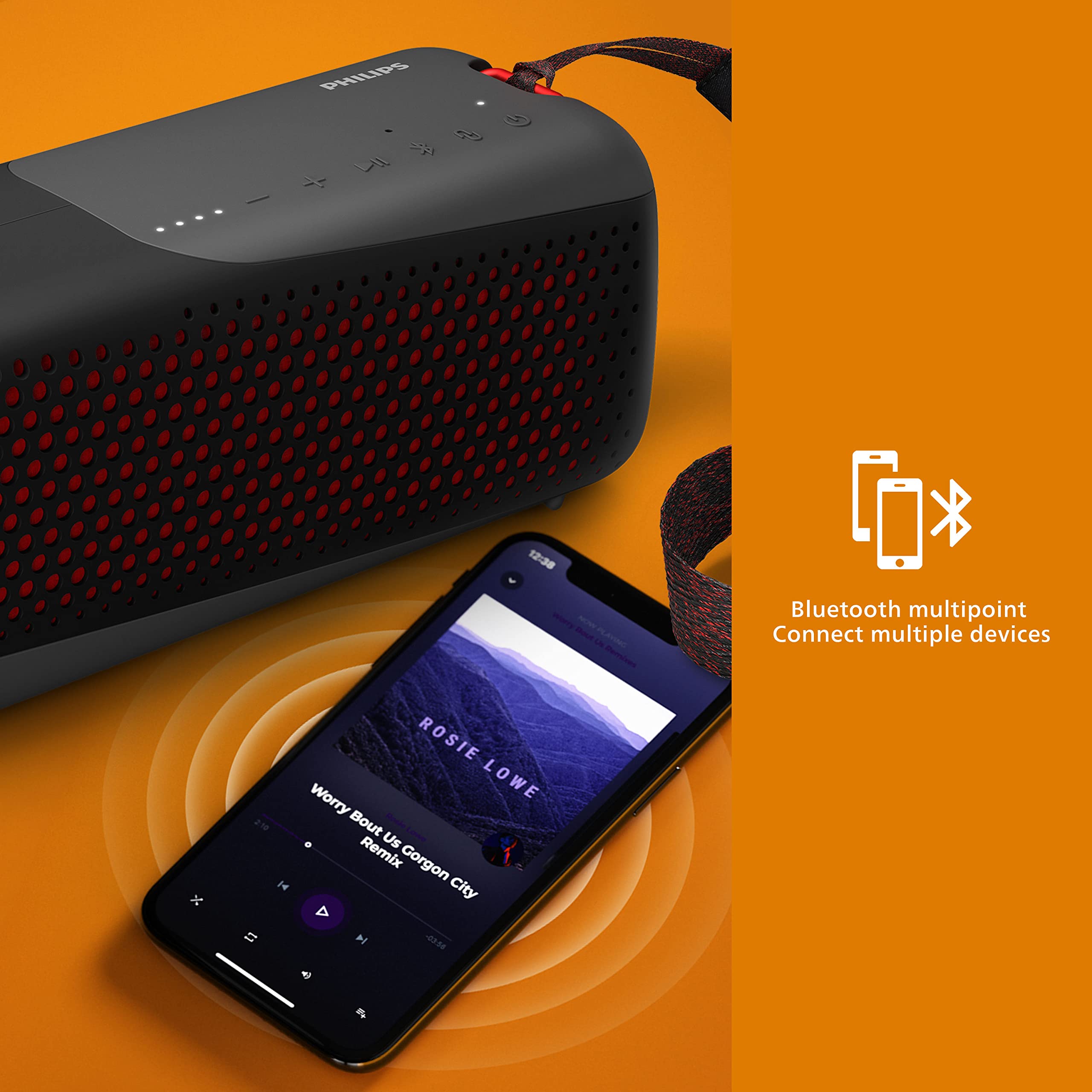 PHILIPS S4807 Outdoors Wireless Bluetooth Speaker with Stereo Pairing and Bluetooth Multipoint Connection, IP67 Waterproof, Gray