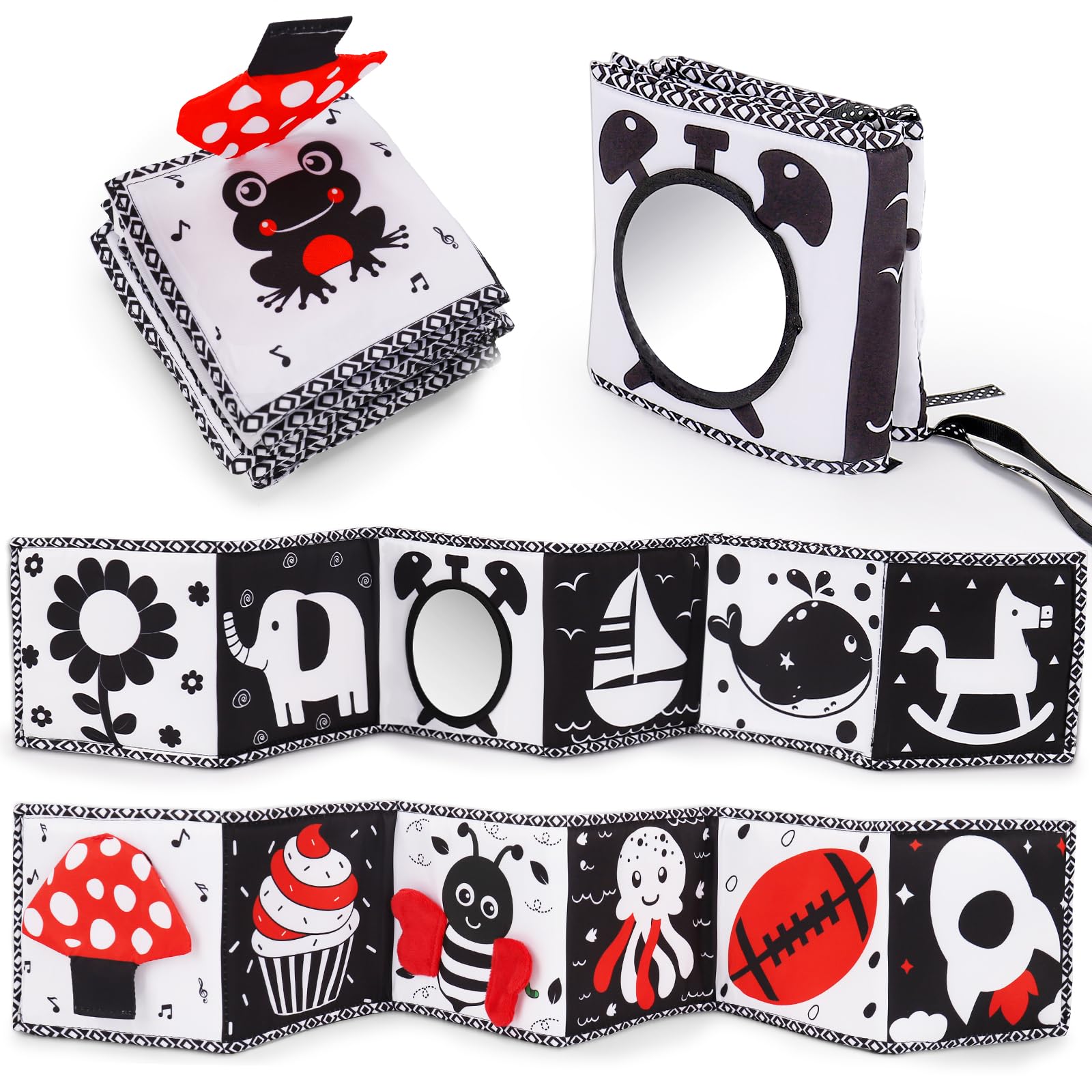Black and White High Contrast Toys for Baby 0-3 3-6 months Infant Tummy Time Soft Book Sensory Musical Toy 0-2-4-6 month Babies Brain Development Crinkle Book Mirror Newborn Christmas Stocking Stuffer