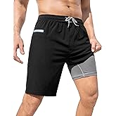 SILKWORLD Men's Swim Trunks with Compression Liner 9" Swimming Trunk 2 in 1 Beach Quick Dry Shorts with Zipper Pocket