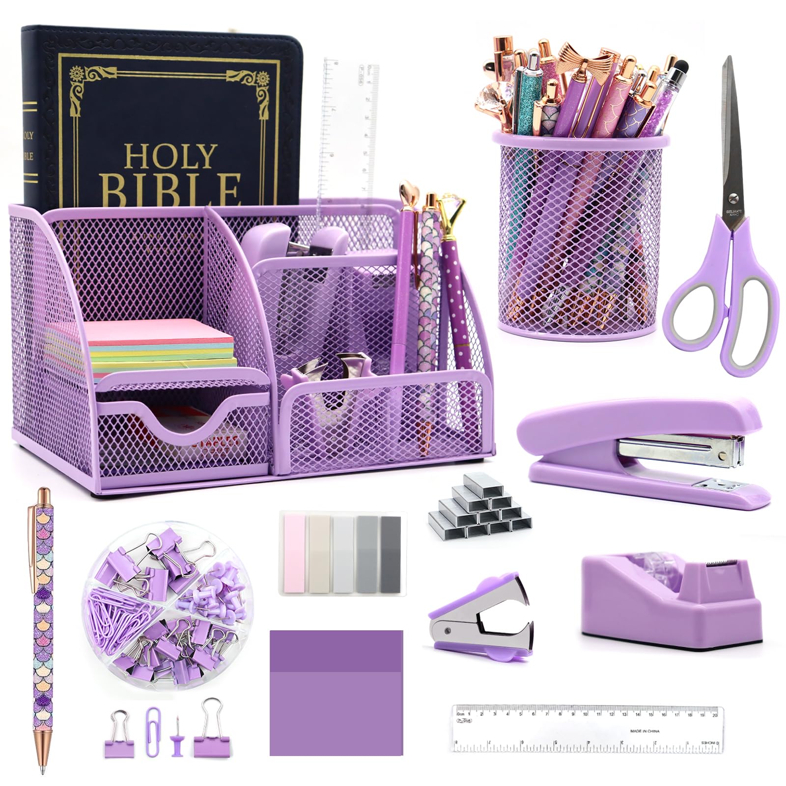 12-in-1 Purple Office Supplies Desk Organiser and Accessories Set, Office Supplies with Purple Stapler, Pen Holder, Tape Holder, Staples, Staple Remover for School and Gifts for Colleagues