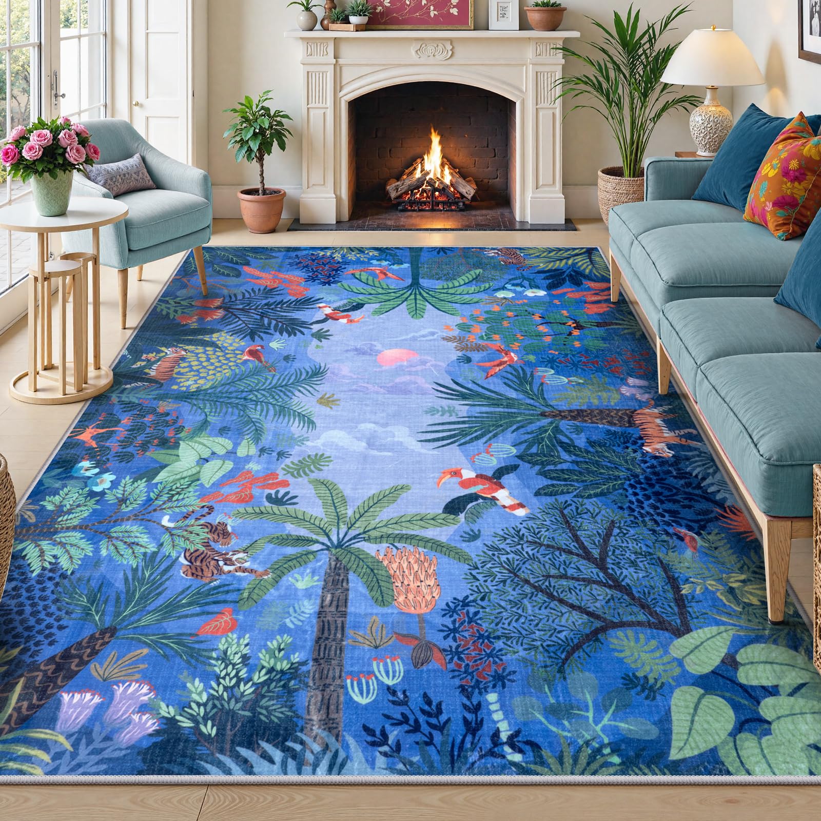 Photo 1 of LIVEBOX Washable Bedroom Rug 8x10 Under Bed, Modern Stain Resistant Botanical Rug for Living Room Playroom Kids Boy Room, Non-Slip Jungle Forest Print Rugs for Nursery Baby