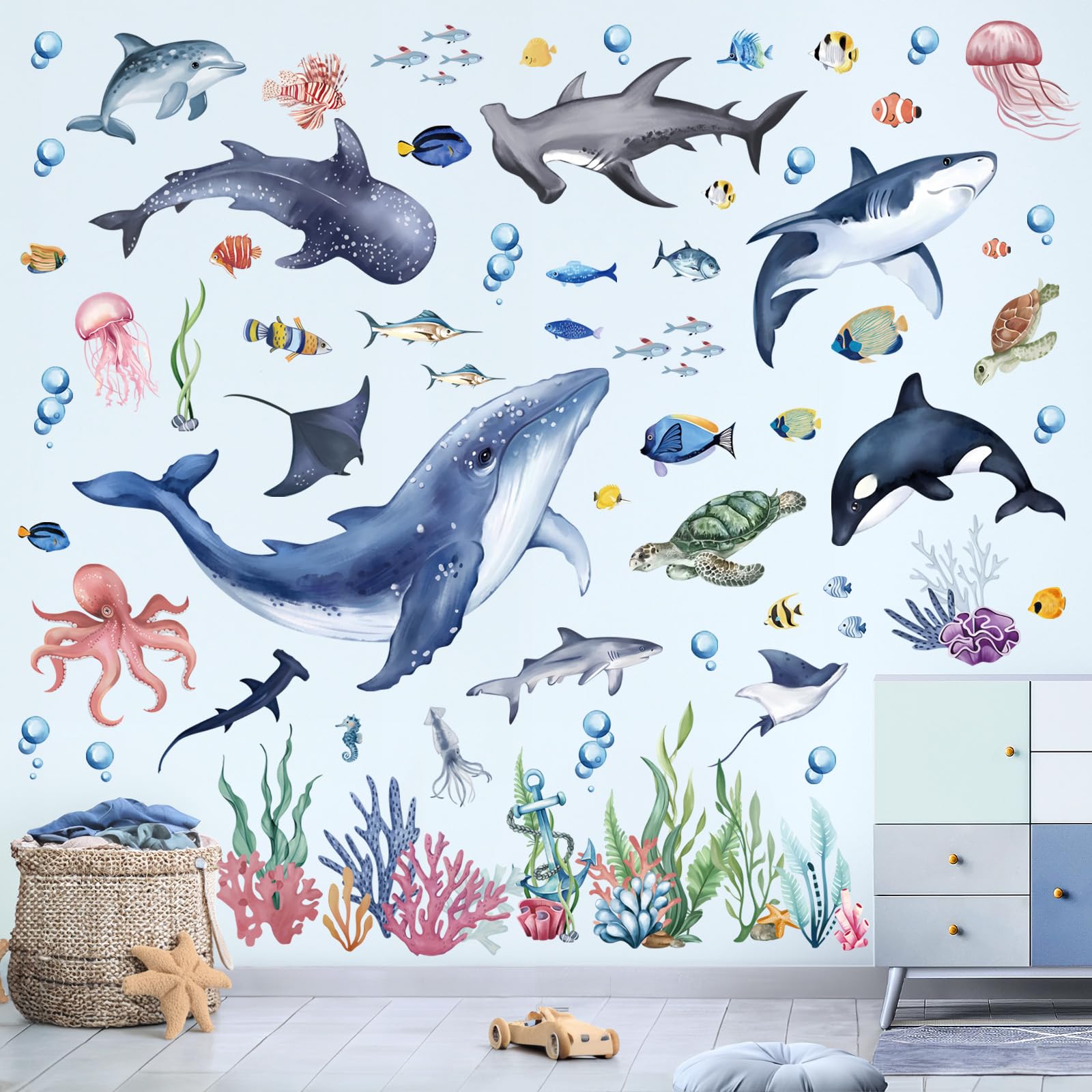 wondever Under The Sea Large Fish Wall Stickers Whale Shark Ocean Seaweed Peel and Stick Wall Art Decals for Kids Bedroom Baby Nursery Bathroom