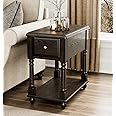 MODERION Solid Wood Narrow End Table with Drawer, Sofa Side Storage Shelves, Slim Nightstand, Telephone for Small Spaces, Living Room, Bedroom, 22''x 13''x 22.7'' Easy Assembly Vintage Black BBJ004BK