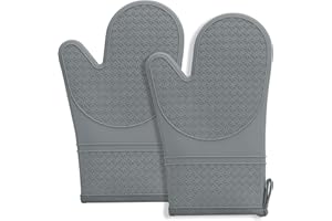 Hovico Silicone Oven Mitts, Oven Gloves with Non-Slip Waterproof - 2PCS Grey Oven Mittens Heat Resistant 600 Degree, Soft Lining Silicone Oven Mits for Cooking Baking Kitchen Mitten