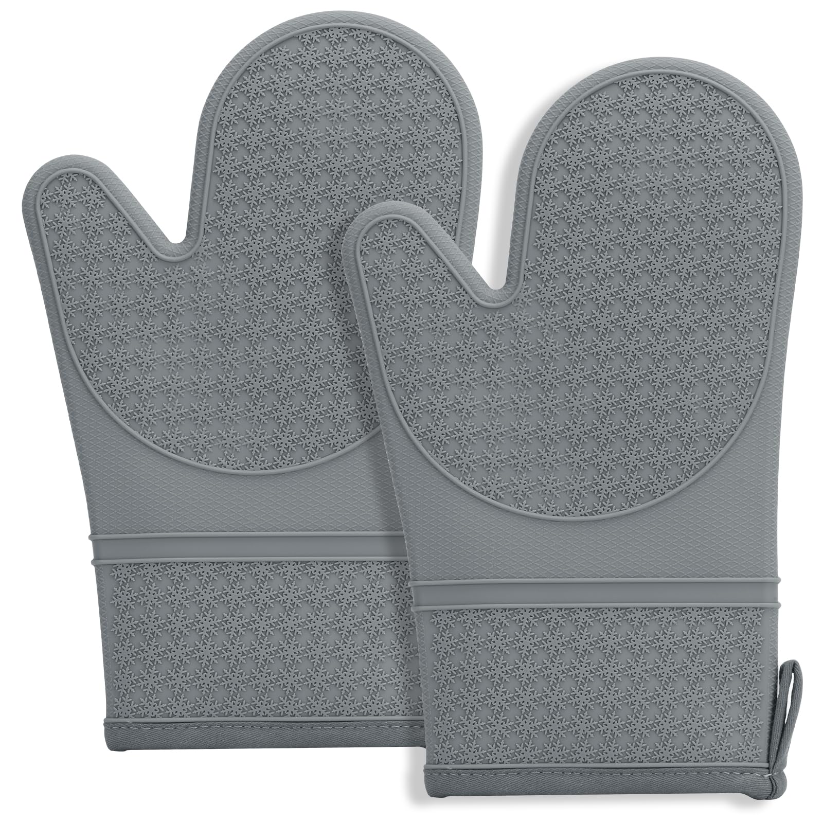 MEETOZ Silicone Oven Mitts, Oven Gloves with Non-Slip Waterproof - 2PCS Grey Oven Mittens Heat Resistant 600 Degree, Soft Lining Silicone Oven Mits for Cooking Baking Kitchen Mitten (Gray)