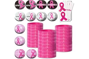 CHEROO 96 Pcs Breast Cancer Awareness Survivor Pack: 24 Pink Ribbon Buttons, 24 Camo Bracelets, 48 Stickers
