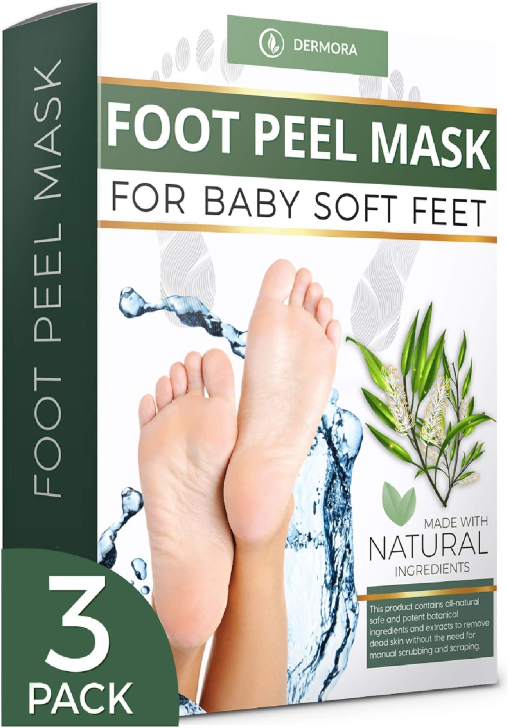DERMORA Foot Peel Mask - 3 Pack of Regular Size Skin Exfoliating Foot Masks for Dry, Cracked Feet, Callus, Dead Skin Remover - Feet Peeling Mask for baby soft feet, Tea Tree Scent