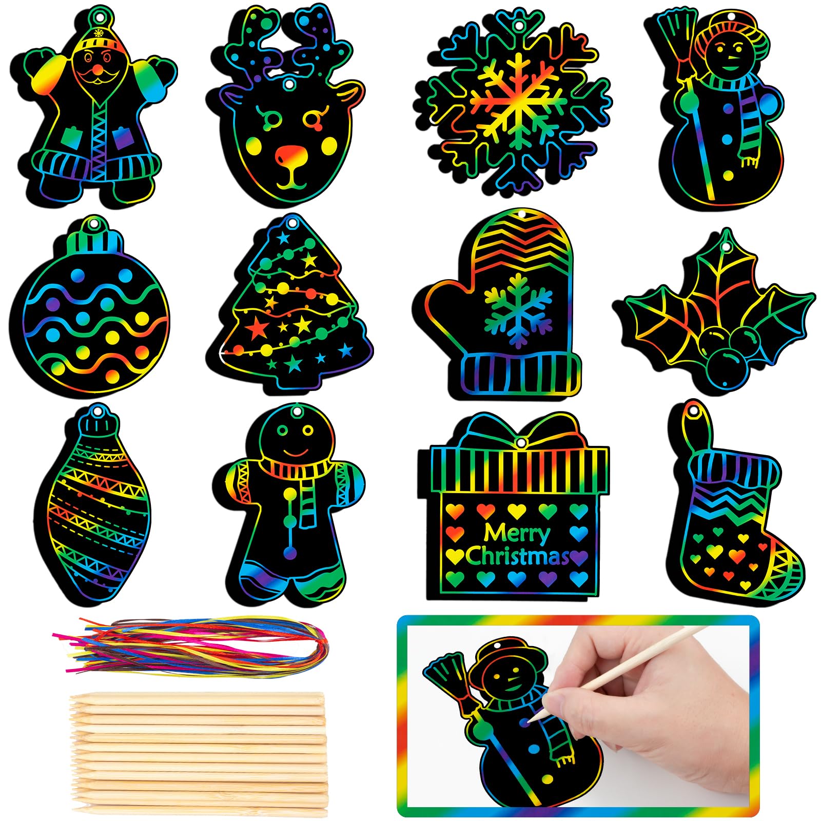 48 Pieces Christmas Scratch Art for Kids, DIY Rainbow Magic Scratch Paper, Santa Claus, Snowman, christmas tree, Shristmas Stocking House Arts and Crafts Ornaments for Party Favor Holiday Decor