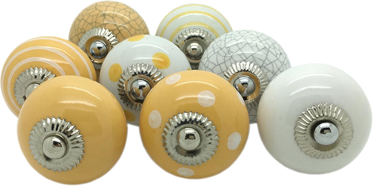8 x Yellow Ceramic Door Knobs Vintage Shabby Chic Cupboard Drawer Pull