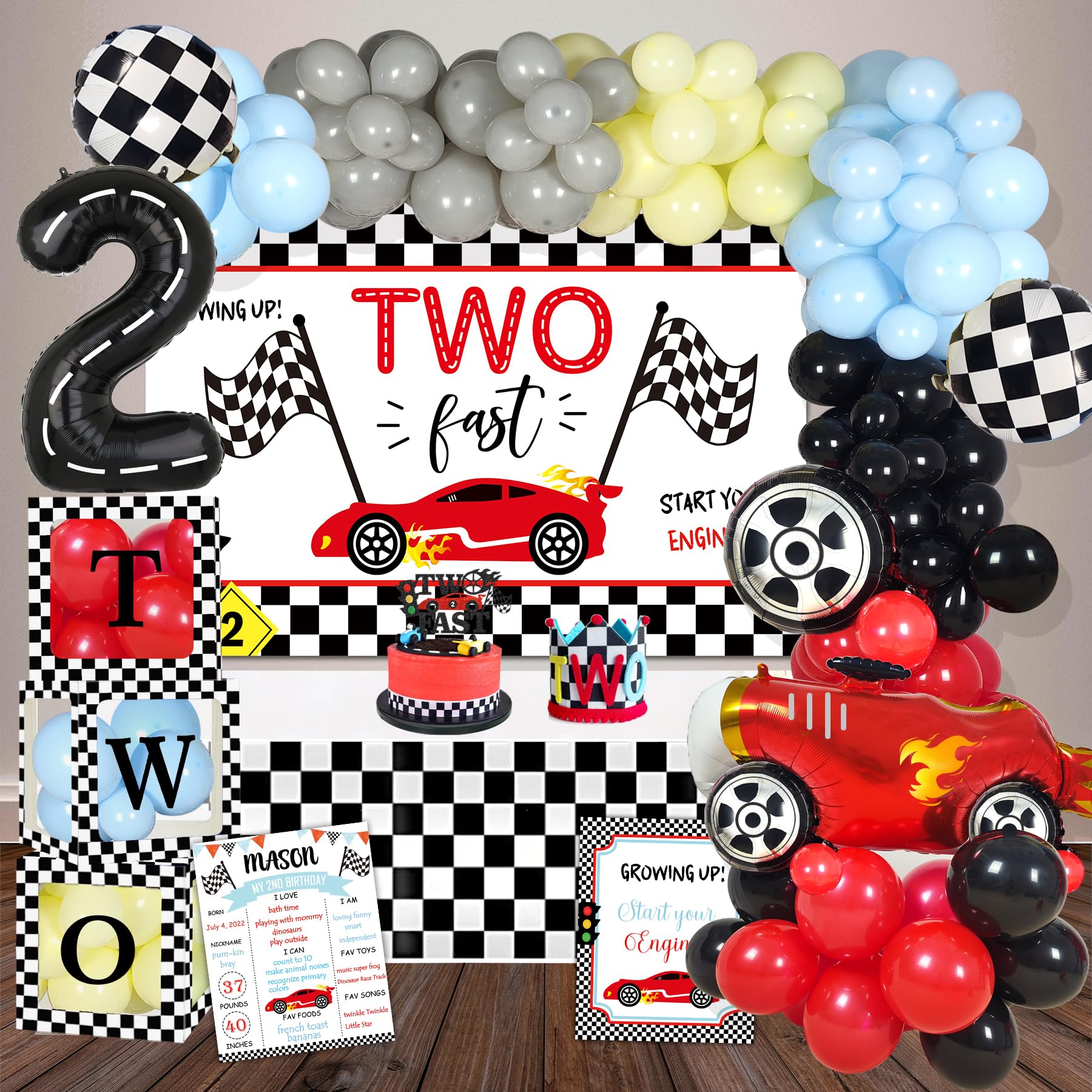 Photo 1 of YSHMFEUX Two Fast Race Car 2nd Birthday Decorations, Passionate Red Race Car Burning Tires Waving Checkered Flag, Baby Boy Decorations