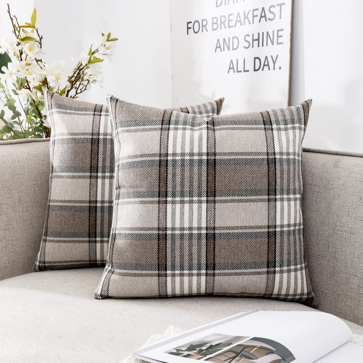 Photo 1 of (covers only) (bagged) CARRIE HOME Brown Plaid Pillow Covers 18x18 Set of 2 Farmhouse Plaid Decorative Throw Pillows for Living Room Couch Sofa