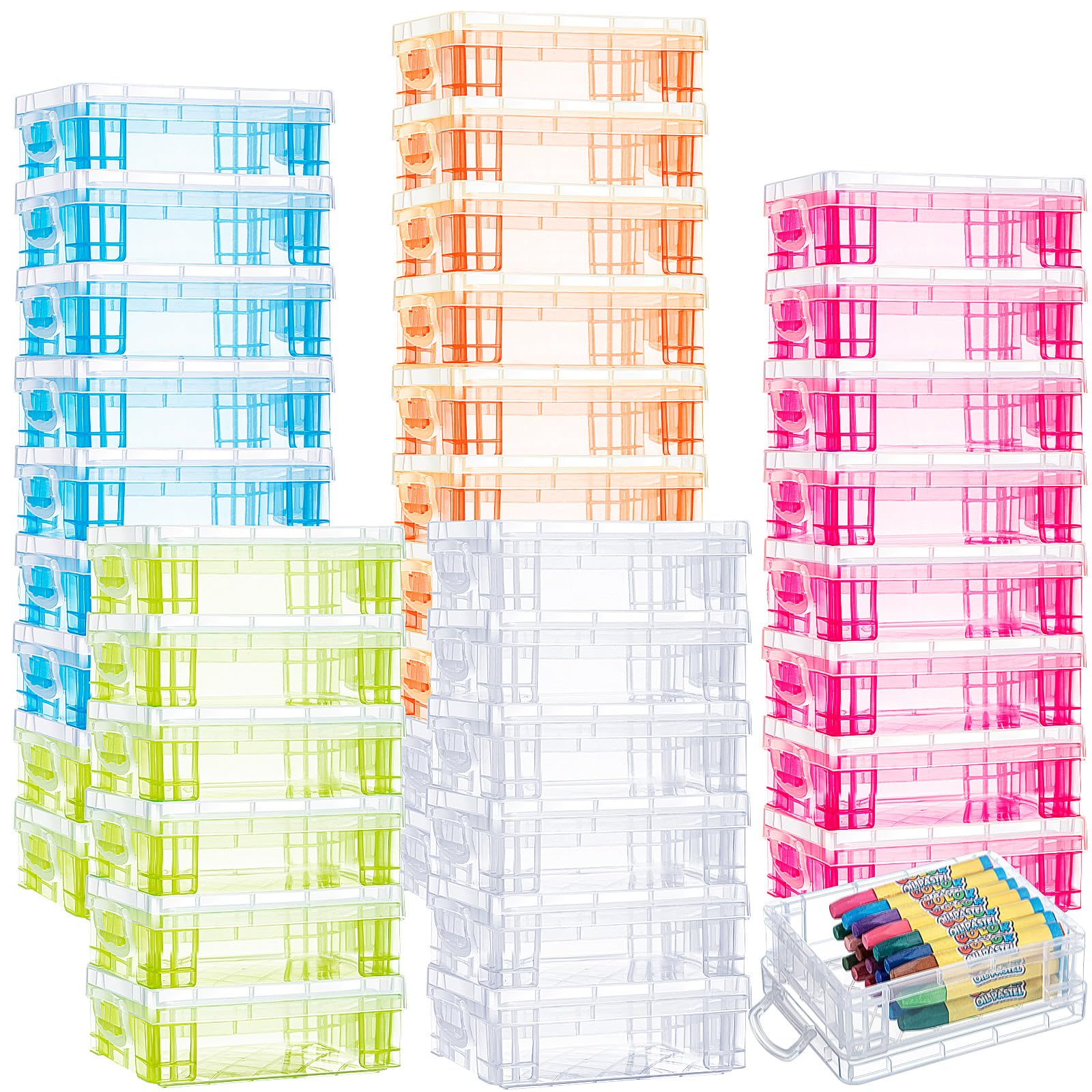 Photo 1 of Suzile 40 Pcs Plastic Crayon Boxes with Snap Lid Crayon Storage Container Bulk Stackable Transparent Container Case for Classroom Supplies Pen Pencil Craft(Clear, Red, Green, Blue, Orange)