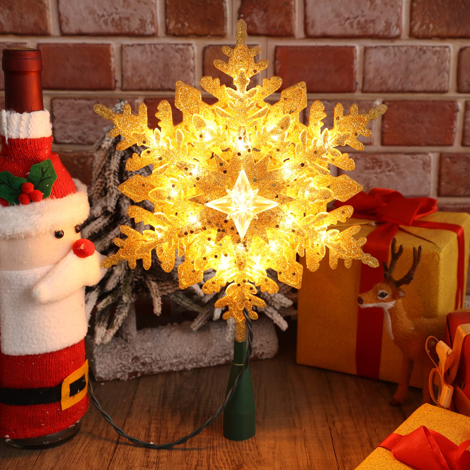 Photo 1 of **MAJOR DAMAGE**
Brizled Lighted Tree Topper, 9.25’’ Gold Glitters Plated Snowflake Christmas Tree Topper with 20 Count Warm White Lights, UL Listed Plugin Xmas Treetop for Xmas Home Holiday Decorations