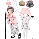 Luces 100 Days of School Costume for Kids, Old Lady Dress Up for Girls, 100th Day School Granny Wig Accessories Outfit