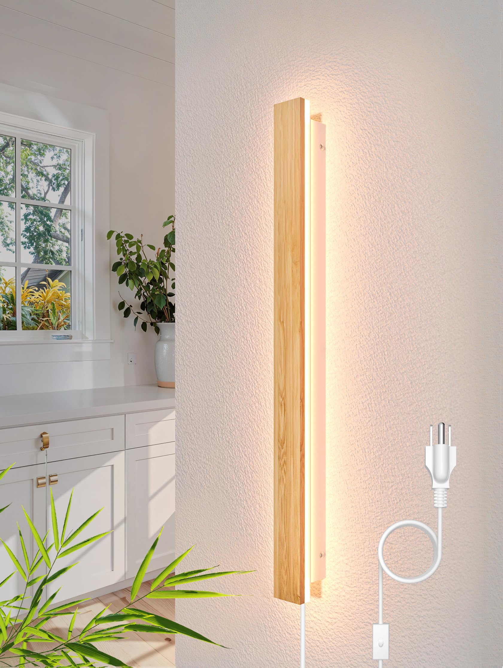 Photo 1 of 1 Pack Modern Plug in Long Wall Sconce 31.4‘’ LED Bamboo Wall Lights 24W Long Strip Indoor Wall Lamp 3000K with 6.5FT Plug in Cord and On/Off Switch on The Cord for Living Room Hallway Stairwell