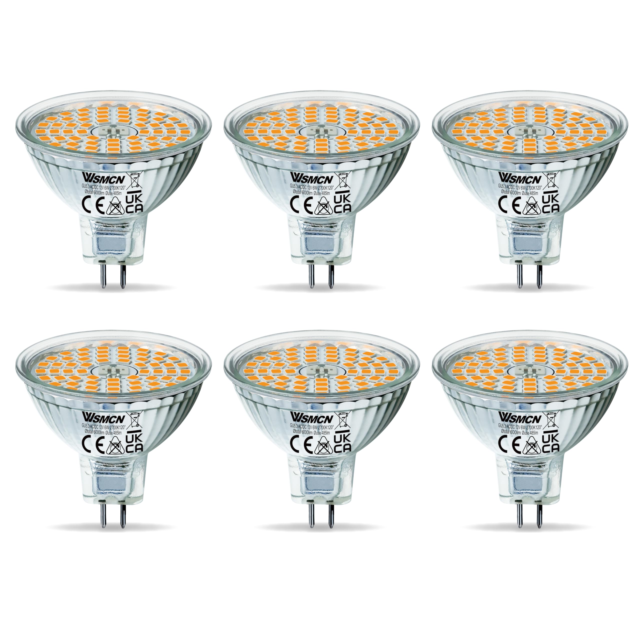 WSMCN MR16 GU5.3 LED Light Bulbs Warm White 2700K, 6W Equivalent to 50W Halogen, Bi-Pin Base 12V 485LM, Non Dimmable, 120° Beam Angle Spotlight, Pack of 6