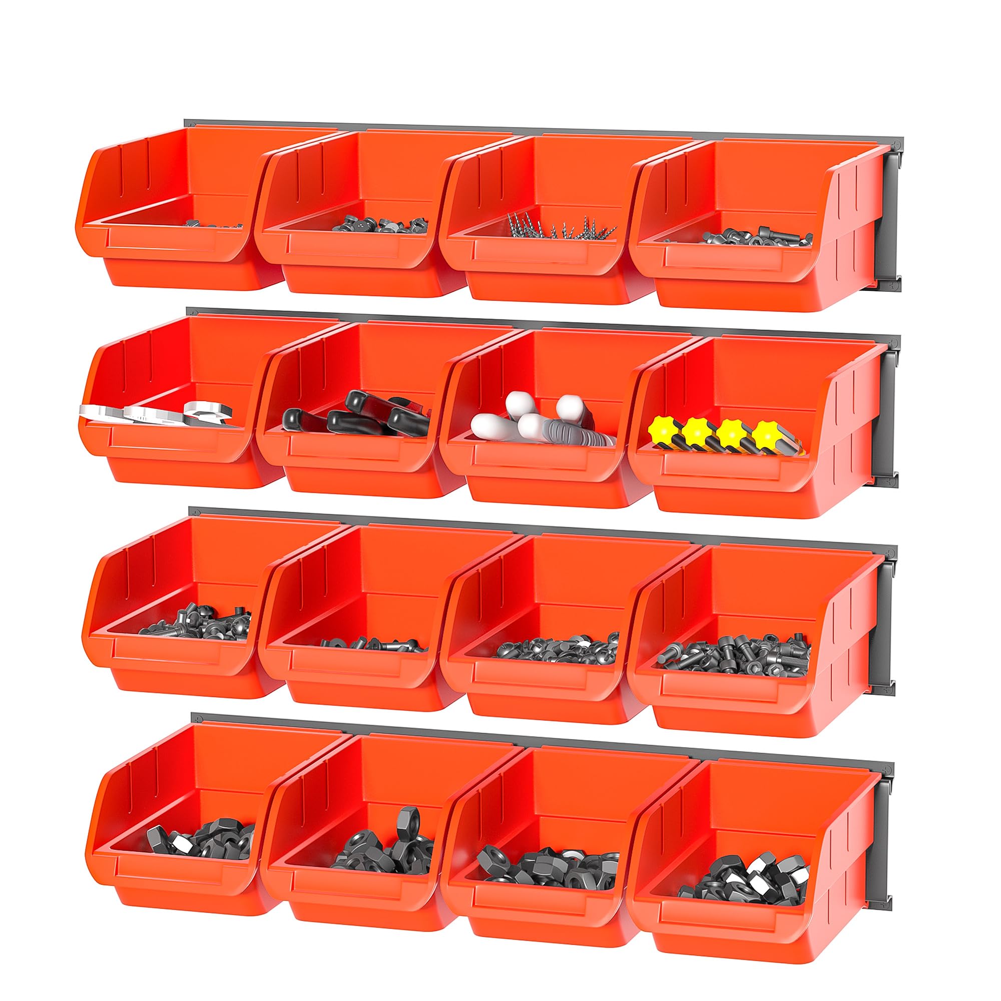 Photo 1 of Ultrawall Wall Mounted Storage Bins, Plastic Hanging Storage Organizer Bins, Garage Tool Storage System for Screws, Nuts, Bolts, Nails, and Small Hardware Parts, 16x bins & 4 x rails, Orange