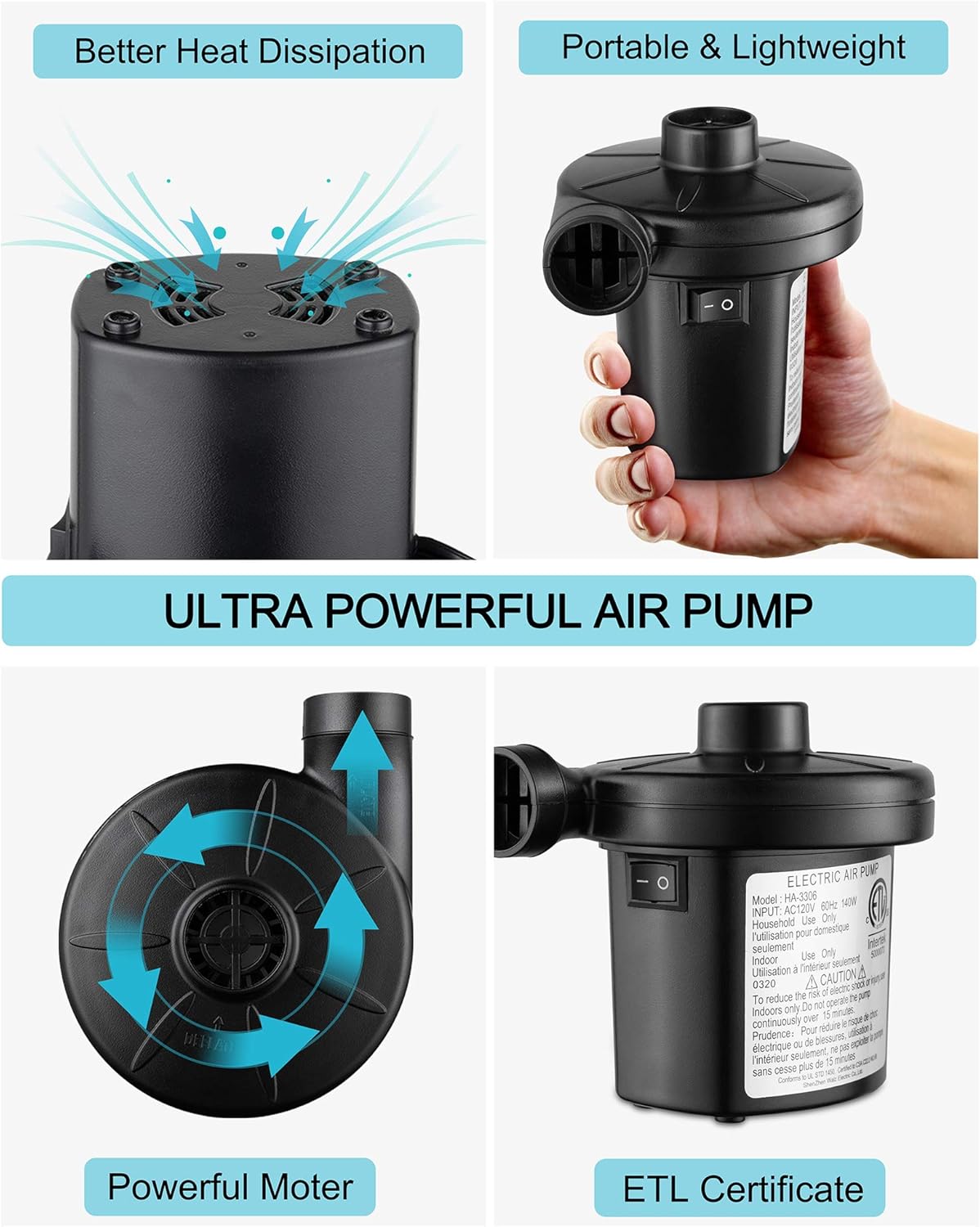 FiveJoy Electric Air Pump, Quick-Fill AC Inflator Deflator with 3 Nozzles, 120 Volt Portable Air Mattress Pump for Outdoor Camping, Inflatable Couch, Pool Floats, Boats, Swimming Ring (AC Pump (140W)): Sports & Outdoors