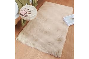 ORINOVA Beige Plush Faux Rabbit Shaggy Fur Rugs for Bedroom Small Shag Washable Fluffy Fur Rug for Living Room Fuax Sheepskin Rug 2x3 Nursery Rectange Rugs