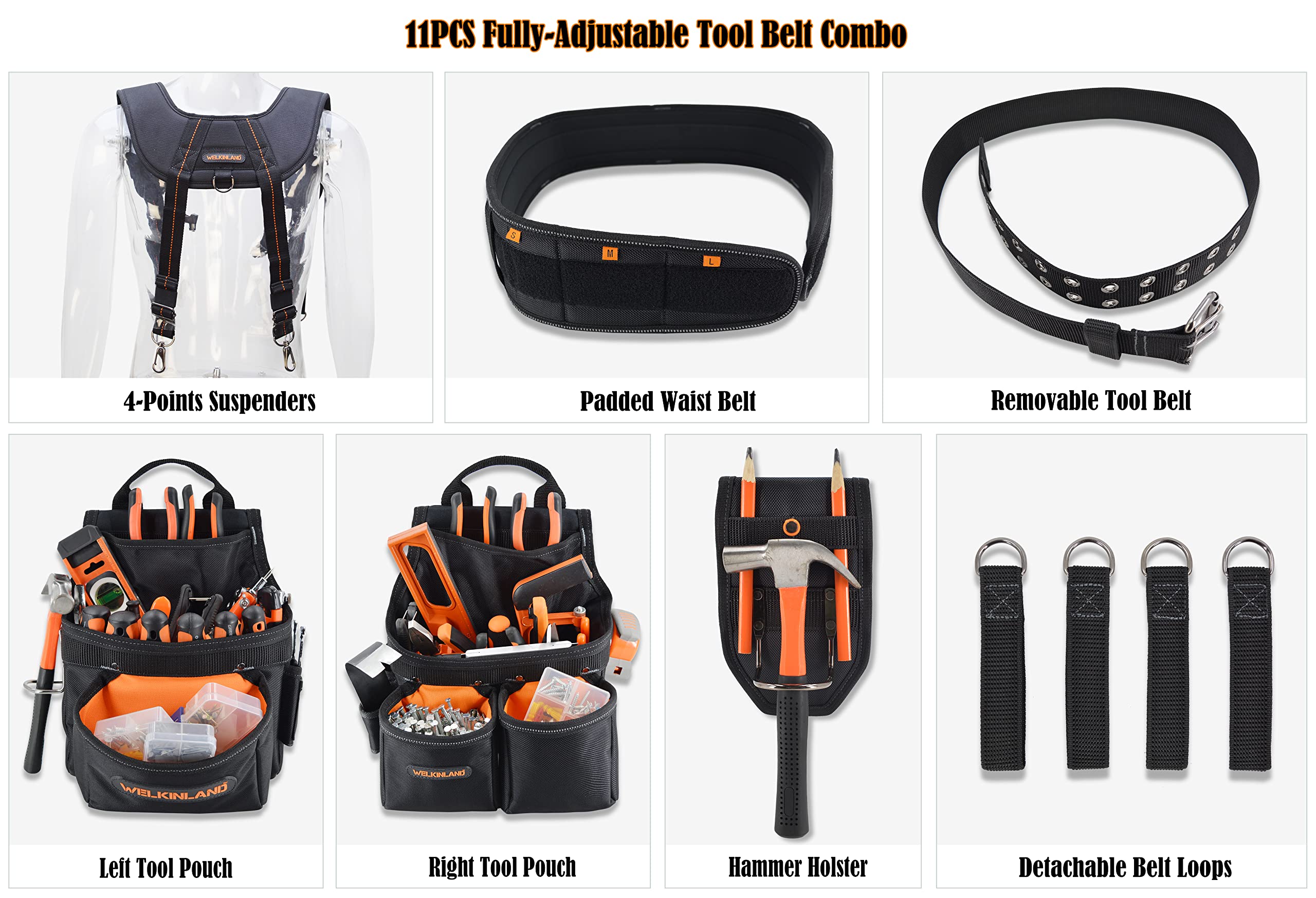 WELKINLAND 39Pockets Tool Belts for Men with Suspenders, 4