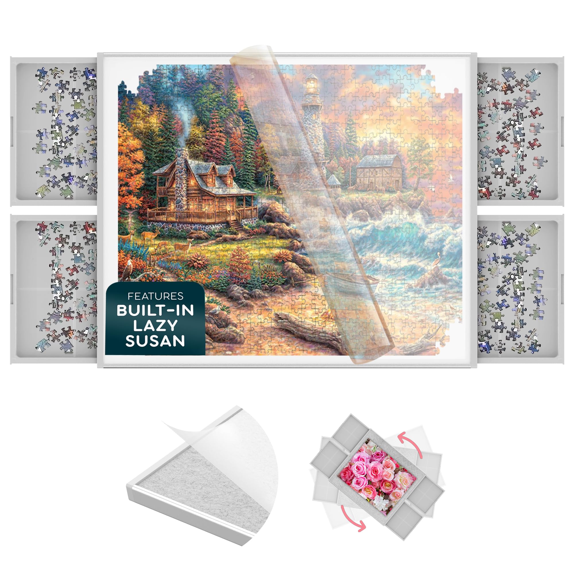 Photo 1 of 1500 Piece Jigsaw Puzzle Board - 360° Rotating Jigsaw Puzzle Table with Drawers | 35” X 28” Portable & Dual Sided Board | Plastic Cover Included - Puzzles Tables for Adults