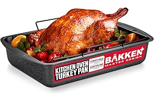 BAKKENMASTER BAKKEN Nonstick Turkey Roasting Pan with Rack – 17 X 13 inch, Large Heavy-Duty Carbon Steel Roasting Pan, Wide Handles, Versatile for Baking, Grilling, & Roasting, Oven Safe Up to 450°F, Gray Marble