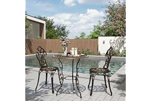 BELLEZE 3 Piece Bistro Set, Aluminum Bistro Table Set Outdoor Bistro Set, Weather-Resistant Garden Table and Chairs Wrought Iron Patio Furniture for Balcony Backyard, Rose Design - Bronze