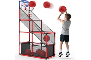 EagleStone Kids Adjustable Arcade Basketball Hoop with LED Lights & Scoreboard, 4 Balls Ball Storage Net, Indoor Outdoor Carnival Basketball Game Set for Boys & Girls Ages 3-12, Pump Included