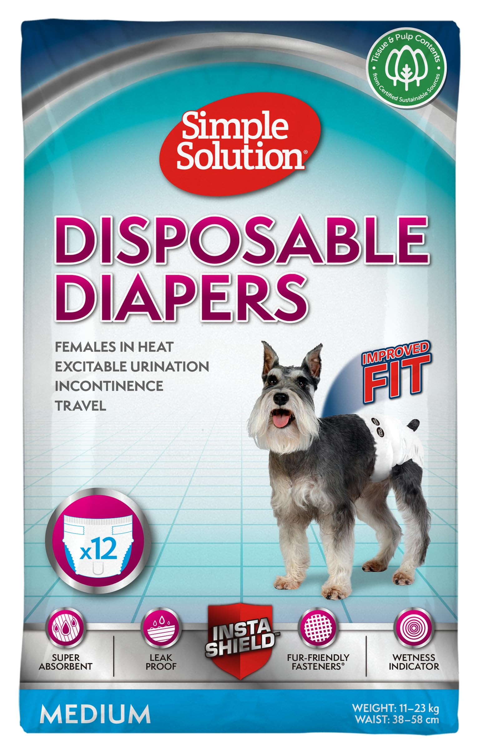 Simple Solution Disposable Dog Diapers for Female Dogs, Super Absorbent Leak-Proof Fit with Wetness Indicator for Excitable Urination, Incontinence or females in heat - 12 pack