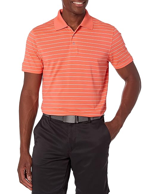 Amazon Essentials Men's Golf Polo Shirt, Short Sleeve, Slim-Fit, Quick-Dry, Coral Orange Stripe, Large