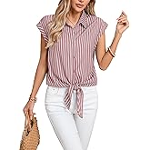 Poplab Women's Striped Button Down Shirts Short Cap Sleeve Tie Front Blouse Summer Casual Tops