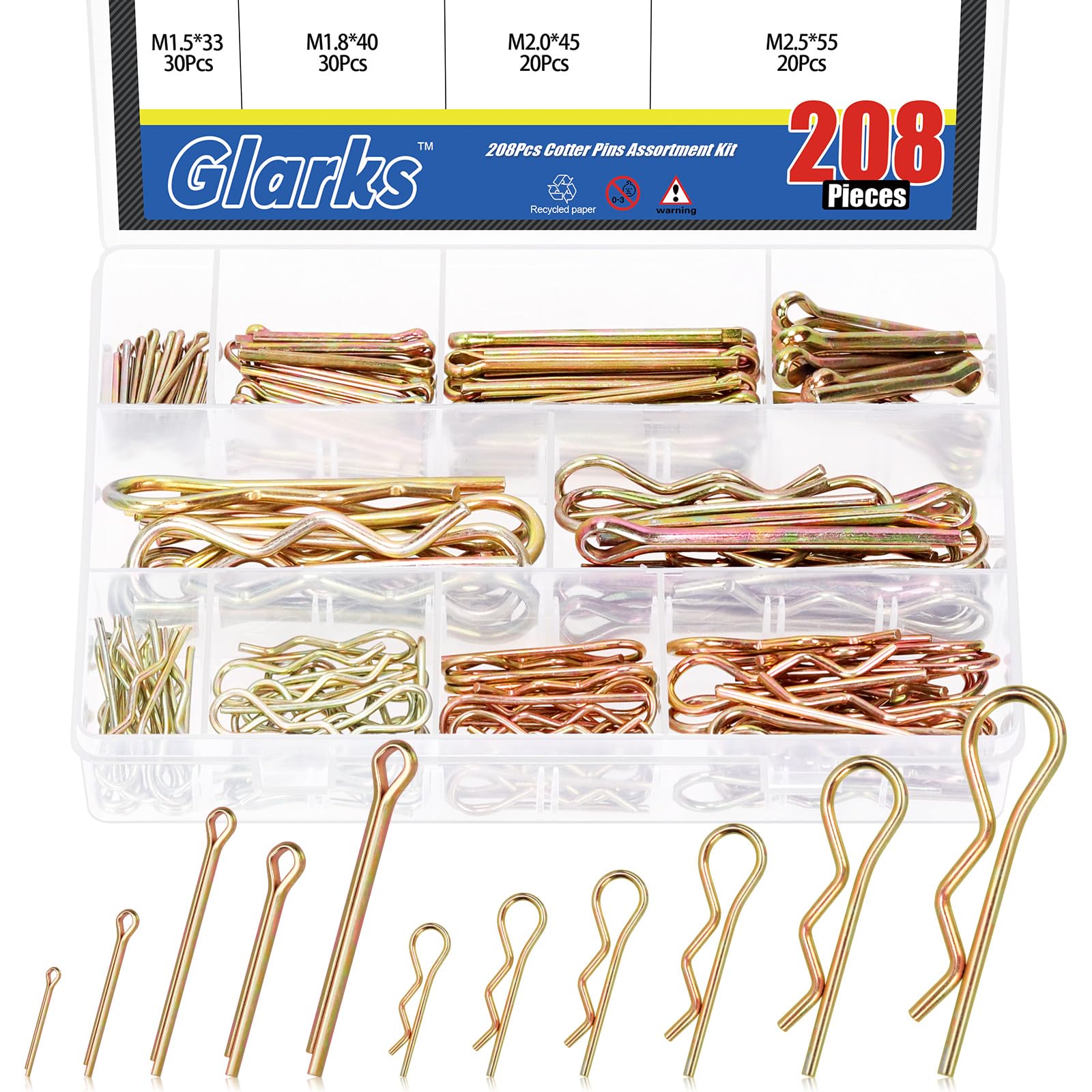 Glarks 208pcs 11 Sizes Cotter Pin and Hairpin R Clips Assortment Kit, 12 Sizes Colored Zinc Plated Hair Pins R Clips Hitch Pins Set for Small Engine, Automotive, Cars and Trucks