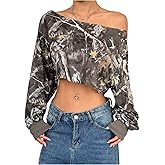 WDIRARA Women's Camo Print Off The Shoulder Crop Tops Oversized Pullover Long Sleeve Sweatshirts