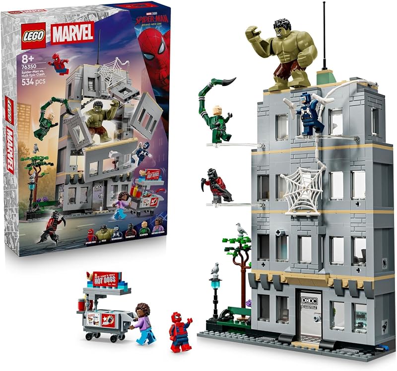 ǀ Marvel L’Affrontement Légendaire Entre Spider-Man et Hulk - Jouet Interactif Super-Héros - Immeuble à 4 étages, Figurine & 5 Minifigurines Dont Scorpion - Cadeau pour Garçon 8 Ans ou Fan 76350