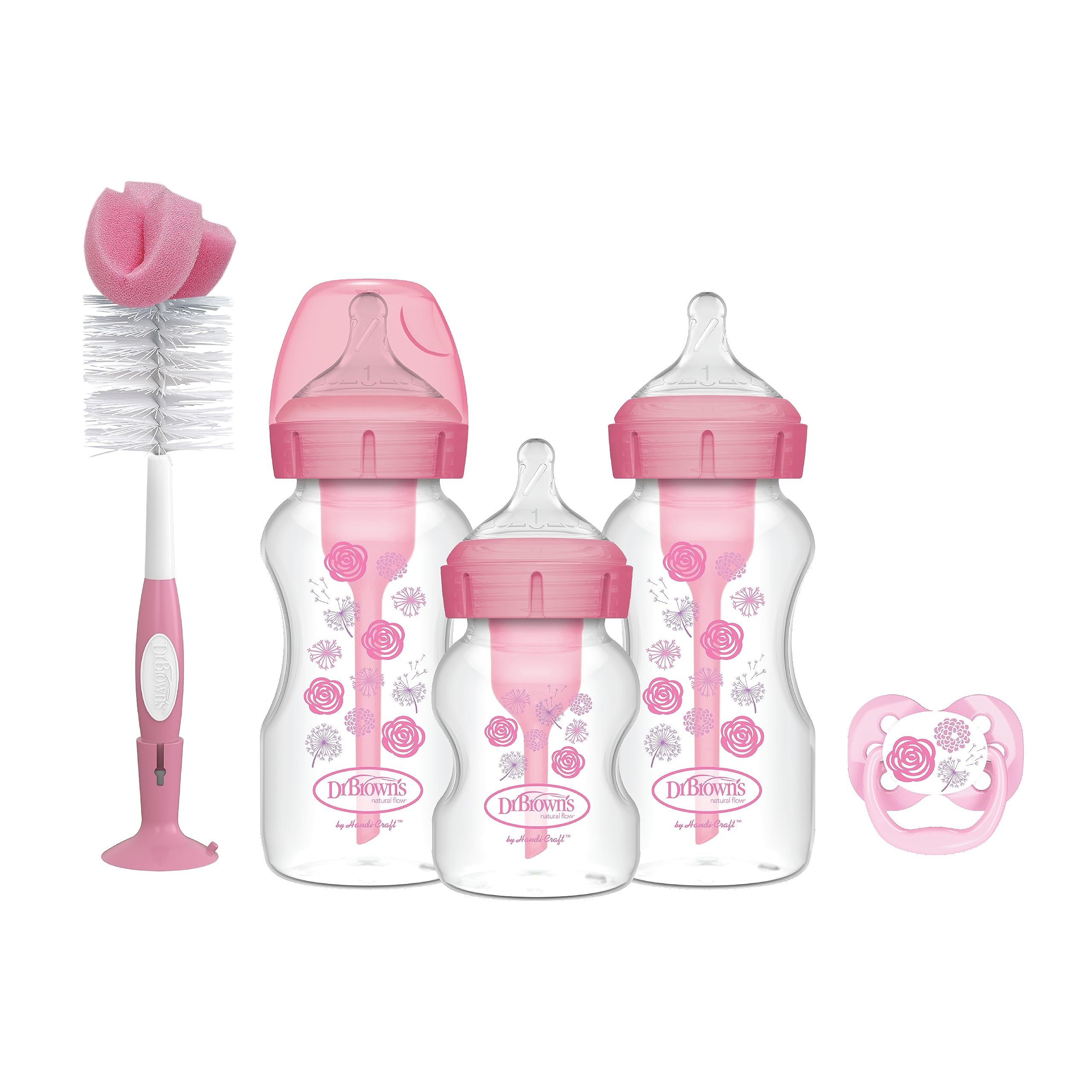 Dr. Brown’s Natural Flow Anti-Colic Options+ Wide-Neck Bottle Gift Set with Breast-Like Teat Shape, Advantage Soother and Baby Bottle Cleaning Brush, Pink