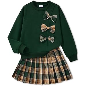 GEMLON Girl Skirt Sets Sweatshirt Plaid Skirt 2 Piece Outfits | Bowknot Long Sleeve Tops,Plaid Pleated Skirt,Girls Fall Outfi