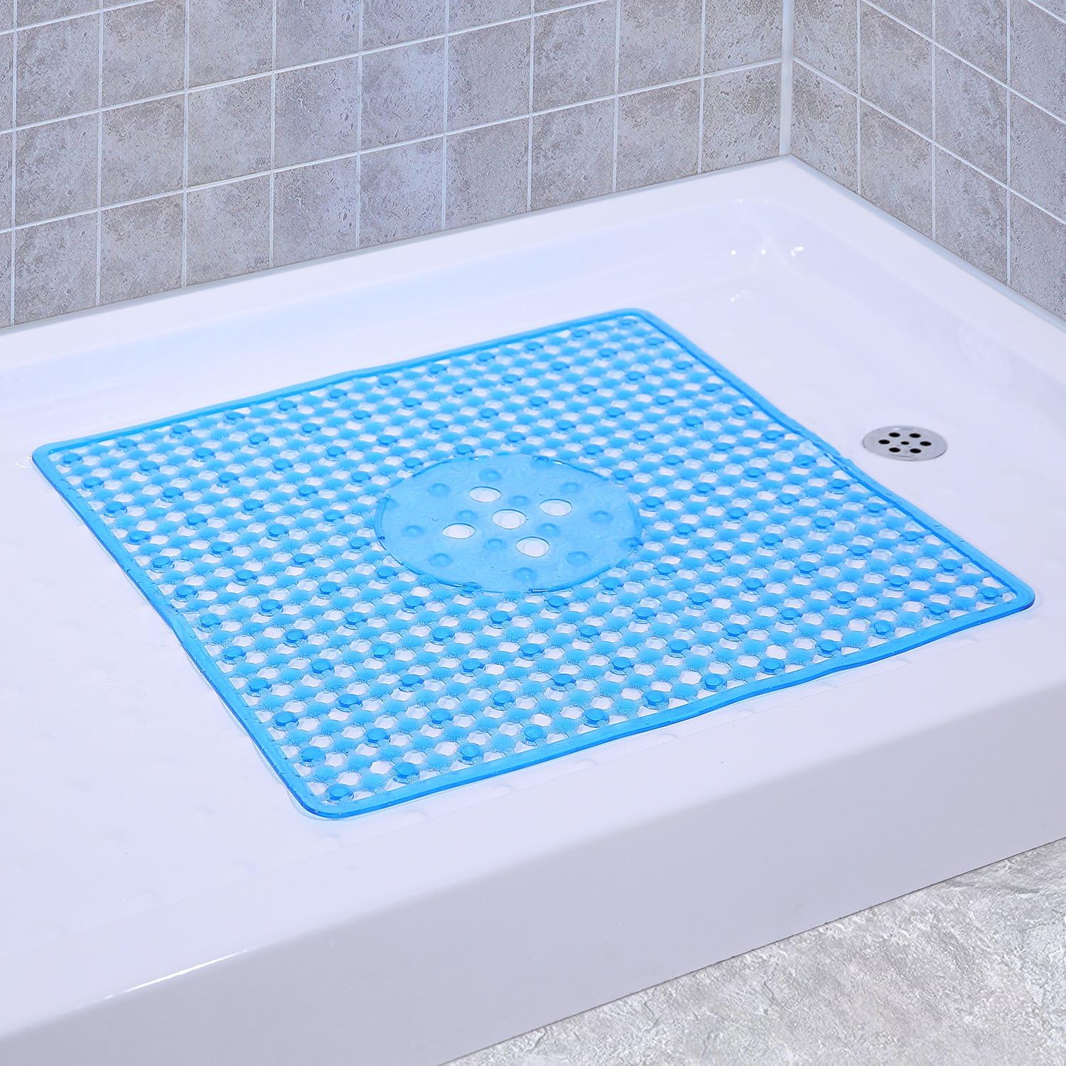 Non-Slip Shower Mats Square Bath Mat Anti Bacterial Machine Washable with Beauty Modern Design 22 x 22 Inch (Clear Blue)
