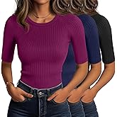 Huukeay 3 Pack Women's Half Sleeve Cotton Ribbed Shirts, Slim Fit Crew Neck Tops Basic Layer Solid Color Summer Work Tees