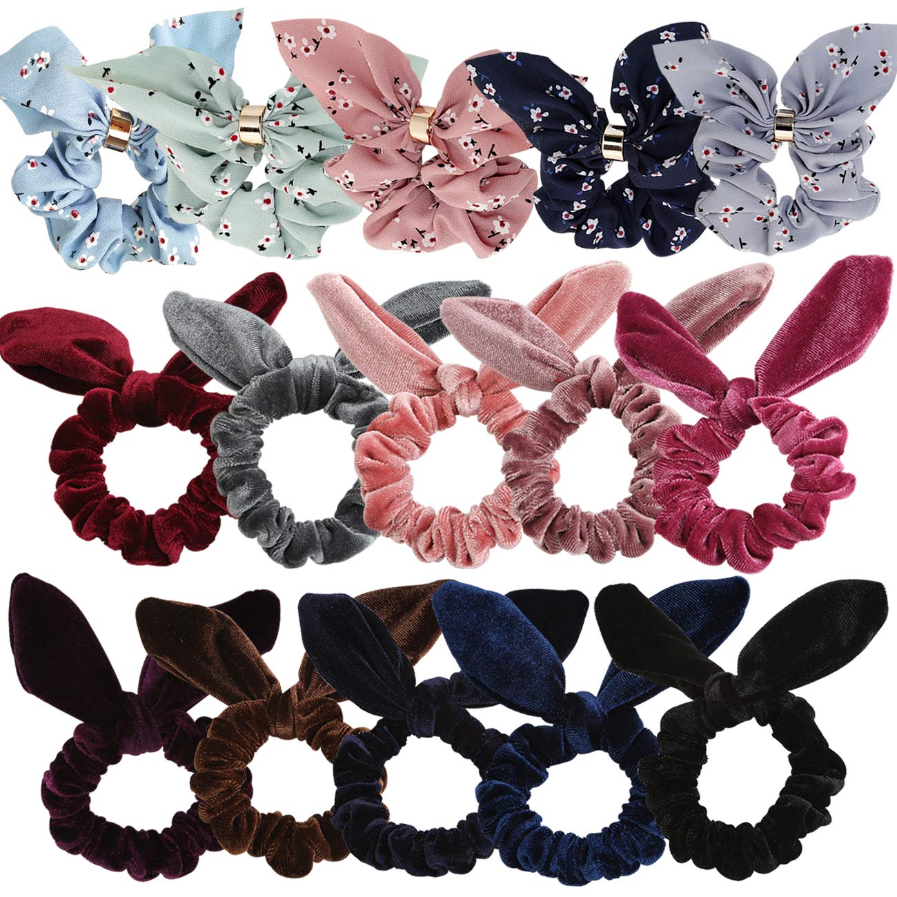 WillingTee 15pcs Women's Hair Scrunchies Velvet Scrunchy Rabbit Ear Elastic Hair Bands Chiffon Rabbit Ear Hair Scrunchies Elastic Hair Ties for Women and Ladies Hair Accessories