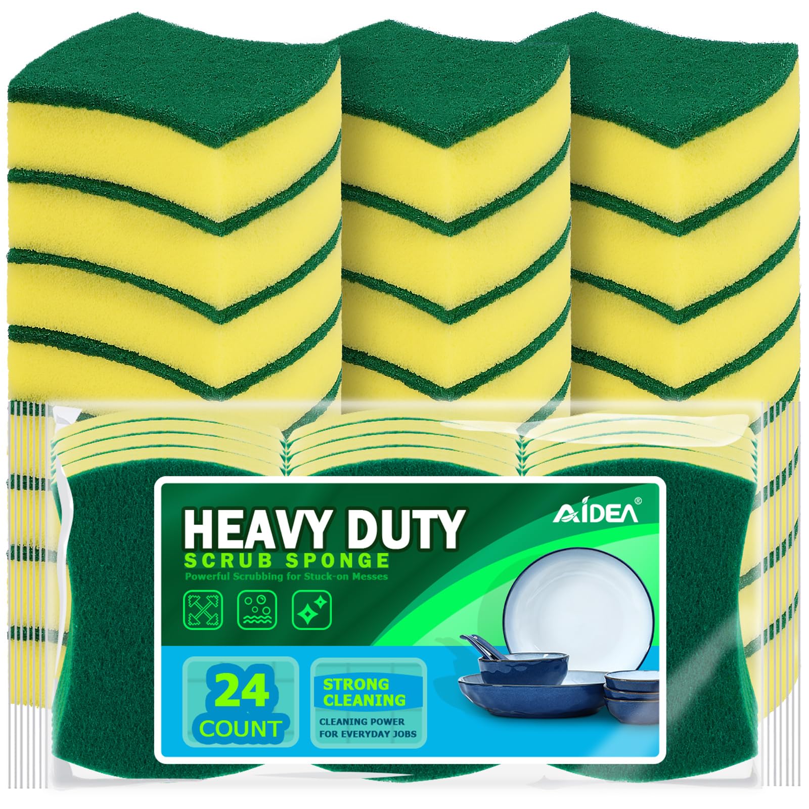 Photo 1 of AIDEA Sponges Kitchen, 24 Pack Heavy Duty Dish Sponge, Cleaning Dish Scrubber Sponge for Home and Kitchen, Stink-Free Cleaning Supplies for Pots, Pans