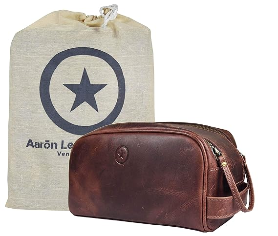 10" Premium Leather Toiletry Travel Pouch With Waterproof Lining | King-Size Handcrafted Vintage Dopp Kit By Aaron Leather Goods (Walnut - Dual Zipper) best toiletry bag