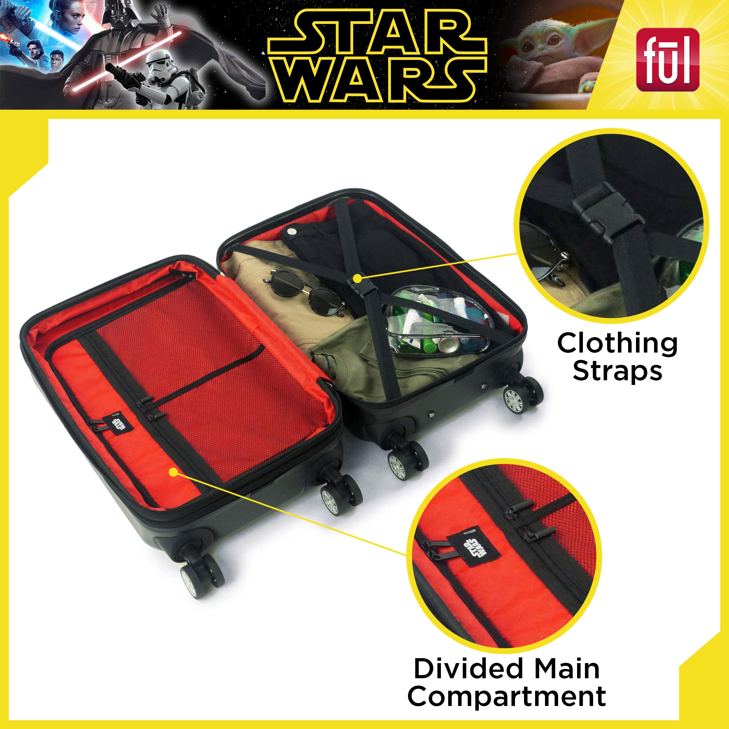FUL Star Wars Darth Vader Rolling Luggage, Embossed Hardshell Carry On Suitcase with Wheels, Black, 22 Inch