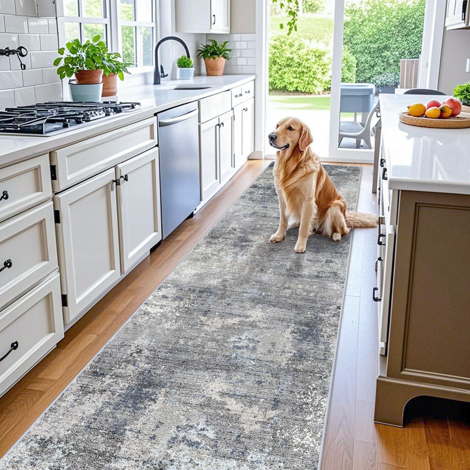 Photo 1 of 3x12 ft Non Skid Hallway Runner Rug - Long Washable Stain Resistant Low Pile Thin Carpet Runners for Kitchen Entryway Bathroom,Modern Abstract Neutral?Blue Grey,3x12?
