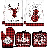 Peryiter 5 Pcs 4th of July Kitchen Towels Pot Holders and Oven Mitt Set Patriotic Retro 2 Dish Towels 2 Square Potholders 1 Heat Resistant Glove for Cooking Baking Gifting Home (Red and Black Plaid)